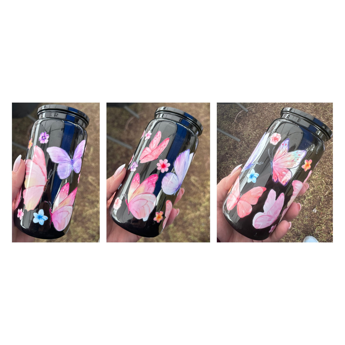 16oz Glass Can – Black Butterfly
