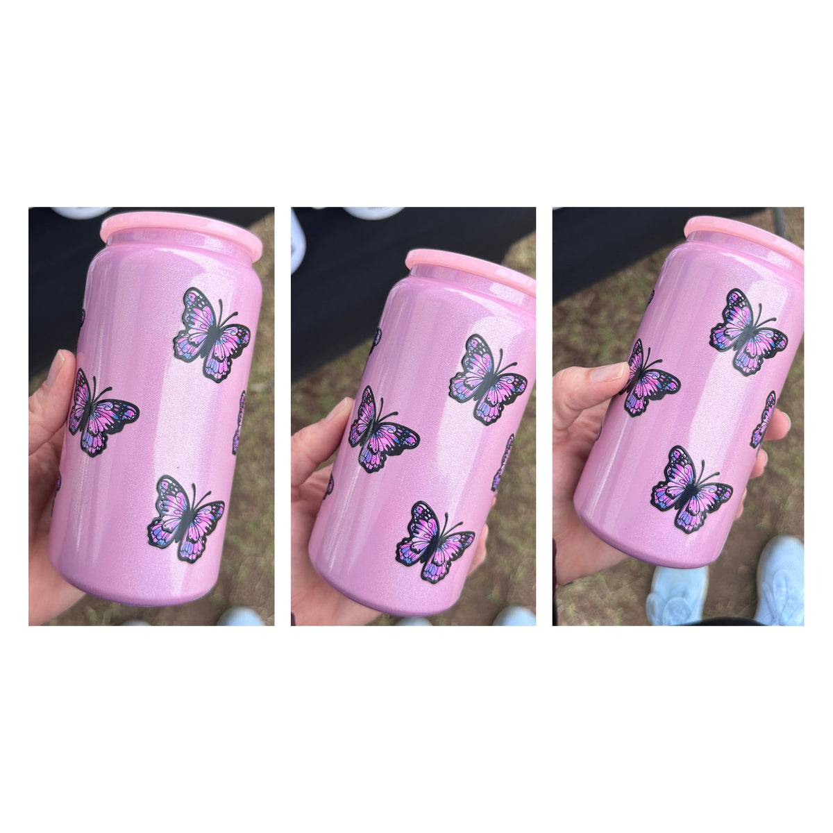 16oz Glass Can – Pink Butterfly