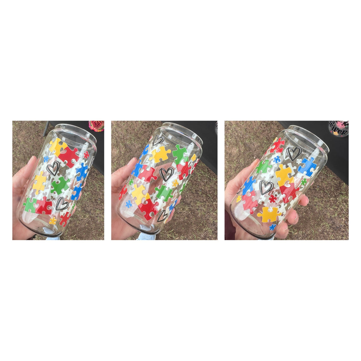 16oz Glass Can – Puzzle Hearts