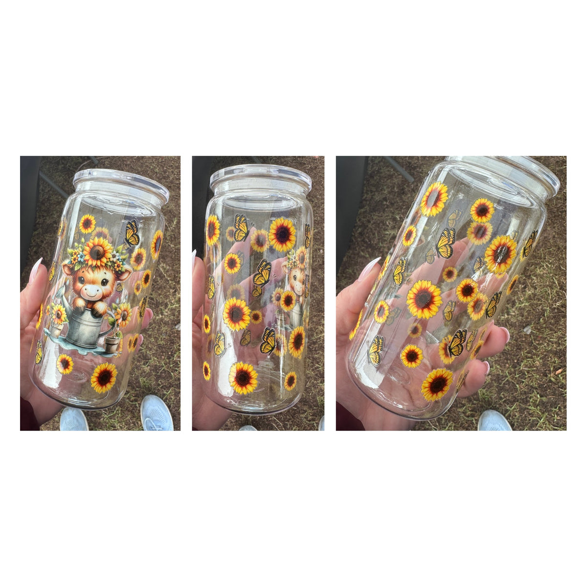 16oz Glass Can – Sunflower Highland Cow